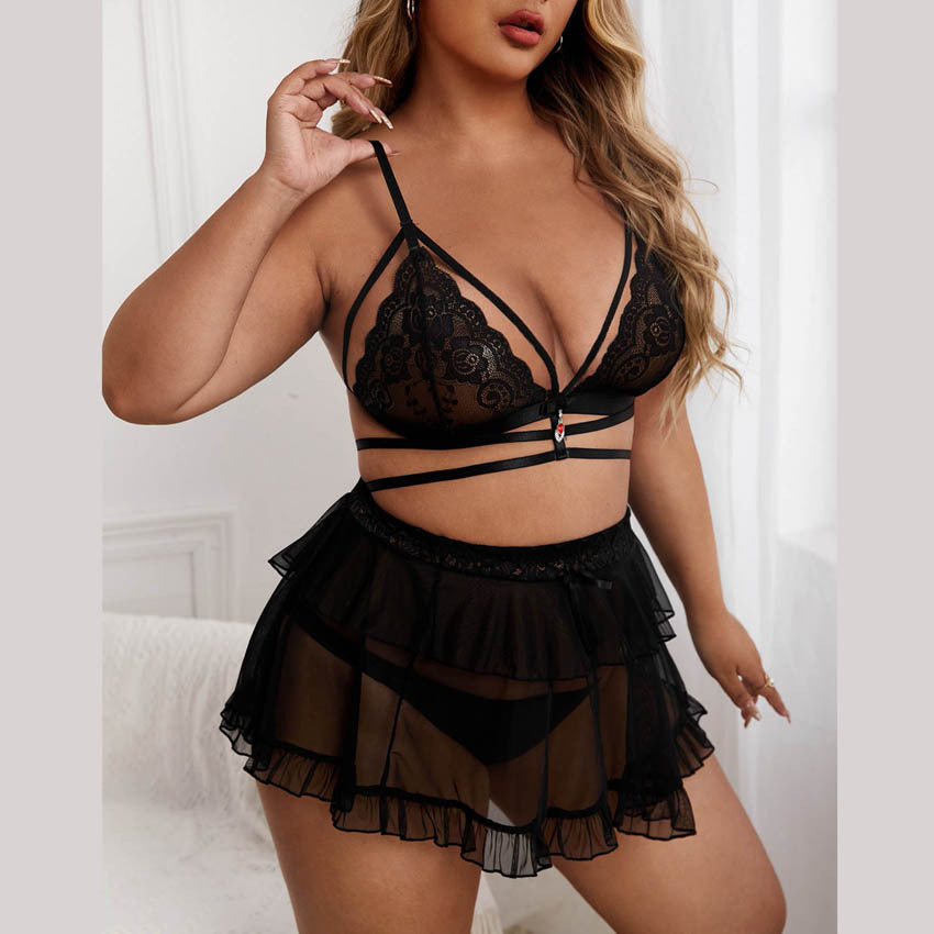 Strappy Style Fashion Lace Bralette & Sheer Ruffle Skirt Lingerie Set with Bowknot