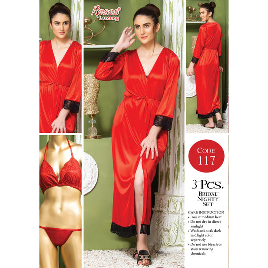 3 Piece Silk Long Bridal Nighty Set Best Honeymoon Gown With Bra And Pant