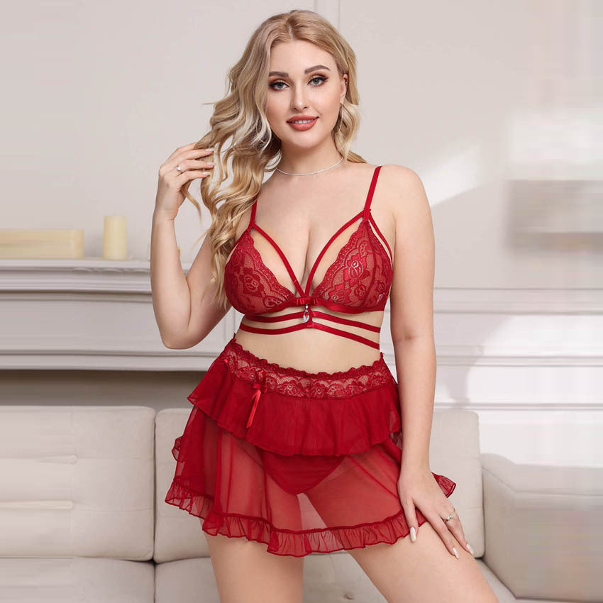 Strappy Style Fashion Lace Bralette & Sheer Ruffle Skirt Lingerie Set with Bowknot