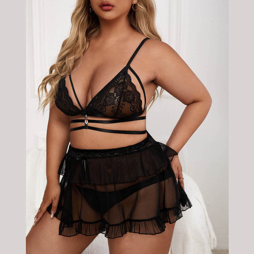 Strappy Style Fashion Lace Bralette & Sheer Ruffle Skirt Lingerie Set with Bowknot