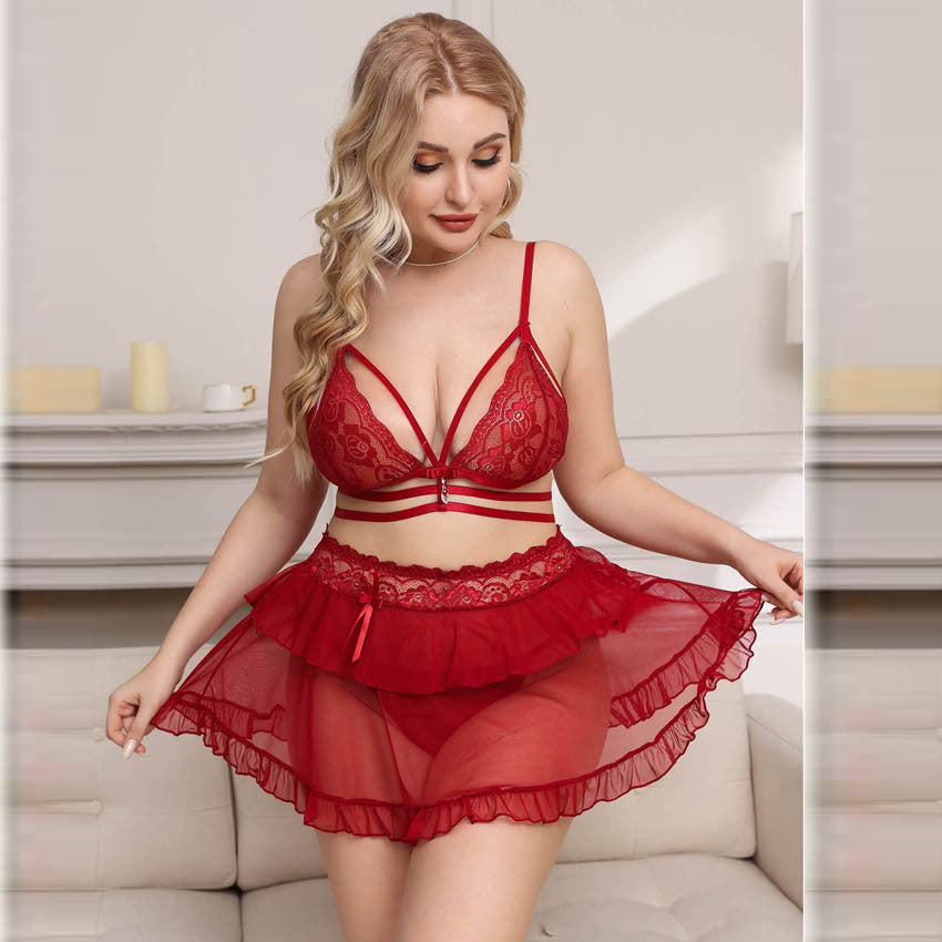 Strappy Style Fashion Lace Bralette & Sheer Ruffle Skirt Lingerie Set with Bowknot